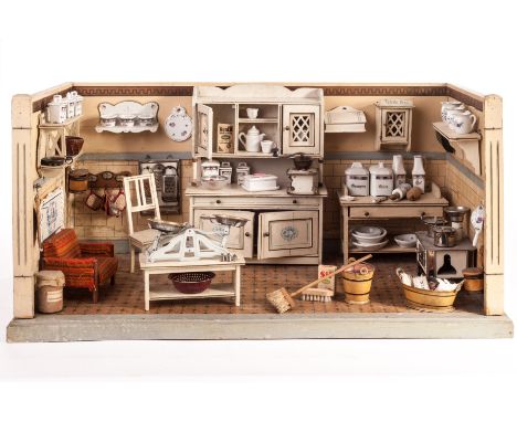 A large German toy kitchen, 1930s, cream painted three sided room with paper tiles, floor and frieze, large white dresser, sh