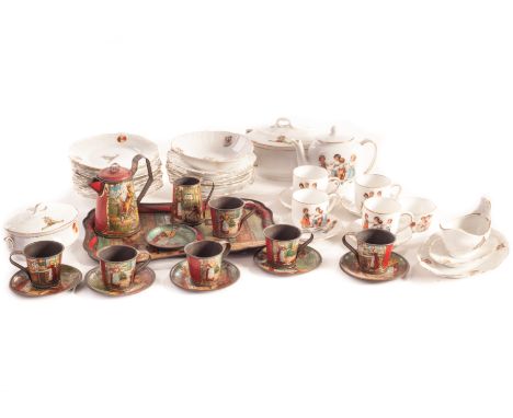 A British Made Old Mother Hubbard lithographed tinplate coffee set, with six cups and saucers and tray - 9 1/2in (24cm) width