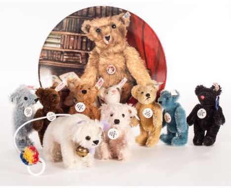 Six Steiff Club Gift Teddy Bears: 1997 to 20004 (no boxes); a crib bear; three Hantel miniatures for Steiff; a silver Steiff 