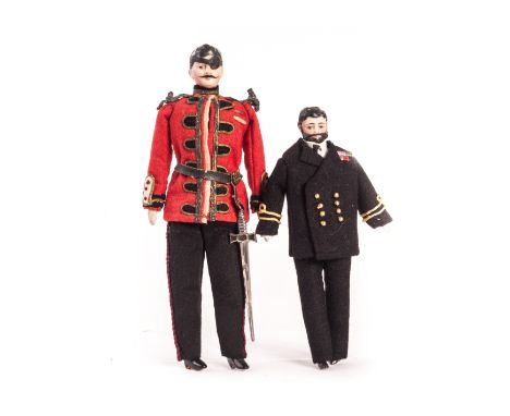 Two German bisque shoulder- head dolls’ house gentlemen, one with black hair and moustache wearing military uniform - 7 1/2in