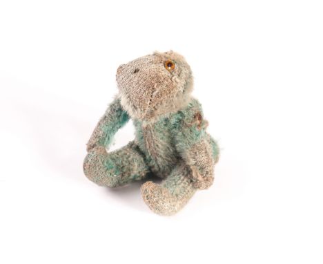 A Farnell blue mohair ‘soldier’ Teddy Bear, circa 1918, with one clear and black glass eye, pipe-cleaner ear, swivel head, pi