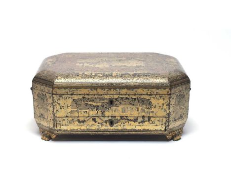 Chinese lacquer sewing box, 19th century, of canted rectangular form with fitted interior and single drawers, on four scroll 