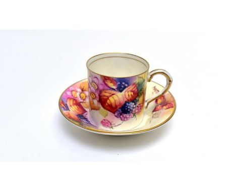 A Royal Worcester coffee can and saucer painted by Miss Michelin (Micky) Miller, in the manner of Kitty Blake with blackberri