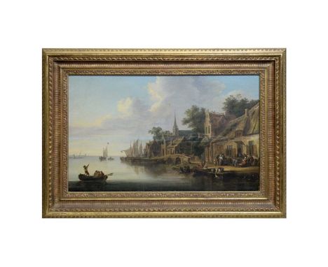 Manner of Jan van Goyen (1596-1656)Figures Gathered by a Port,oil on panel,47.5 x 77cms, in frame.