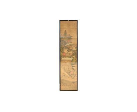 A large Chinese scroll painting on silk (later framed and glazed), 19th Century, decorated with figures in a mythical landsca