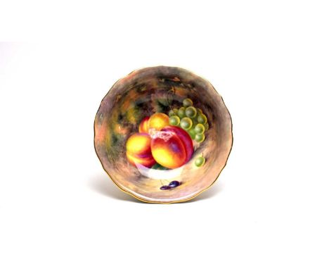 A Royal Worcester fruit painted bowl by Harry Ayrton, decorated with peaches, grapes and cherries, signed, black printed mark