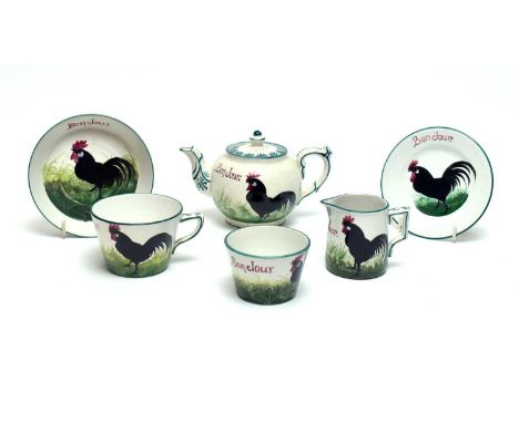  A Robert Heron and Sons Wemyss Ware part Bonjour breakfast set for one, each piece painted with a cockerel and inscribed 'Bo