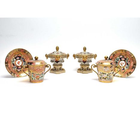 A pair of Bloor Derby pot pourri vases and covers, decorated in an 'Imari' palette, crowned batons and script D marks in red,