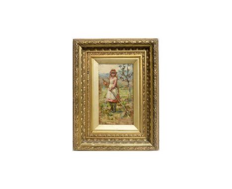 Attributed to Isabella "Isa" Jobling (nee Thompson)(1851-1926)Portrait of a young girl raking leaves,oil on board,20.5 x 11.5