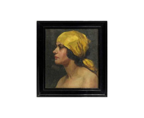 Elsie Ward(American, 1871-1923)"Black and Gold"; portrait of a 'bright young thing' with silk headscarf,signed,oil on canvas,