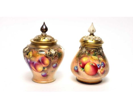 A small Royal Worcester fruit painted pot pourri vase and cover by William Roberts, decorated with peaches, grapes and cherri