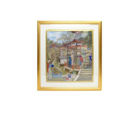 A 19th Century Chinese watercolour drawing, depicting officials and maidens in a formal pagoda garden, with potted chrysanthe