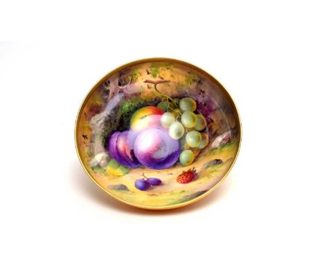 A Royal Worcester fruit painted bowl by Albert Shuck, painted with plums, apple, grapes and strawberry, within a gilt line bo