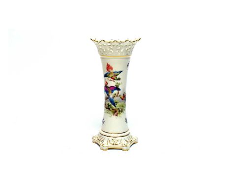 An unusual Grainger's Worcester trumpet shaped vase, with Royal Worcester marks for 1919, printed and painted with exotic bir