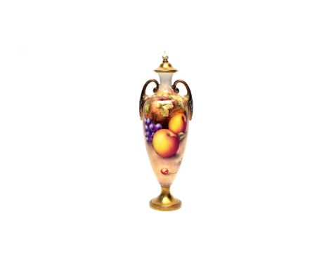 A Royal Worcester fruit painted vase and cover by Peter English, of slender ovoid form with double gilt handles, painted with