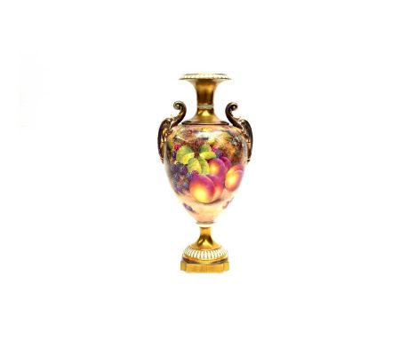 A Royal Worcester Fruit Painted vase by John H Freeman, of shouldered ovoid form, with double scroll handles painted with gra