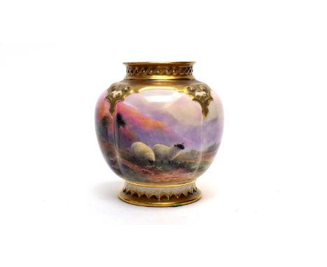 A Royal Worcester vase by Harry Davis, well painted with sheep in a highland landscape, signed H.Davis, printed marks in puce