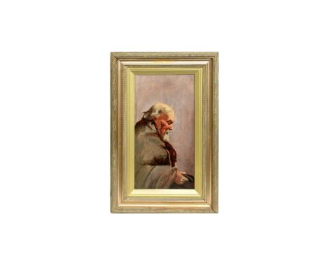 19th Century British SchoolSensitive Portrait of a Man with Cap in Hand,oil on canvas,49.5 x 25.5cms, in frame.