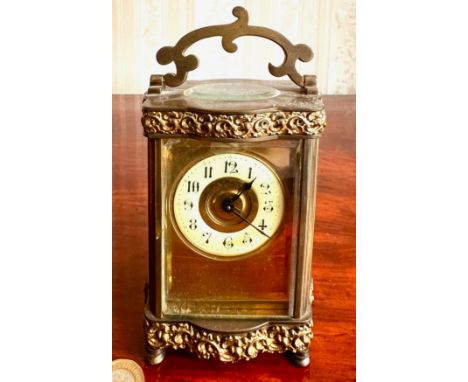 BRASS CARRIAGE CLOCK TIME PIECE, SCROLL DECORATION, APPROX 12cm HIGH