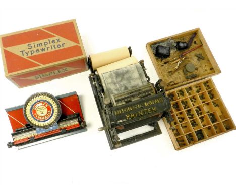 Pre-war Miniature Printing Press and Simplex tinplate Mechanical Typewriter: Miniature cast iron Cincinnati Time Recorder Co.