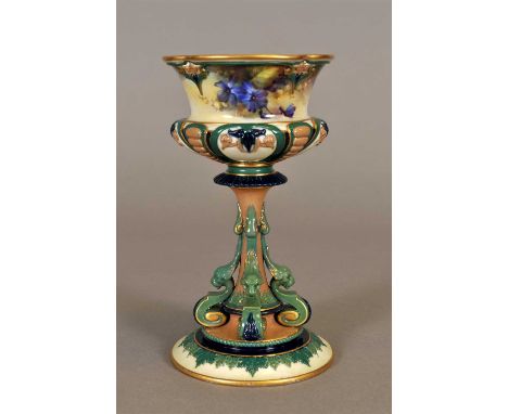 A Royal Worcester Hadley's pedestal bowl late 19th century, the bowl with pierced upper border, painted with purple flowers a