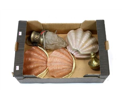 A group of decorative 20th century light fittings to include a converted ceiling light fitting with a frosted glass flame sha