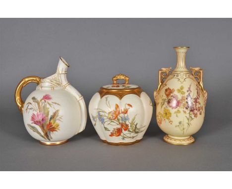 A group of Royal Worcester blush ivory late 19th/early 20th century, comprising a lobed circular jar and cover, shape 1412, a