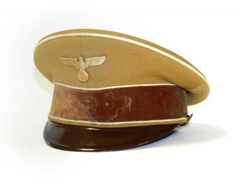 A German Third Reich NSDAP Political Leader’s Kreisleitung visor cap constructed of standard NSDAP brown uniform cloth with a