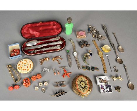 A collection of costume jewellery, loose gemstones and silver, to include; a cased three piece silver Christening set, a cora