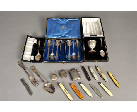 A cased set of six silver teaspoons, Goldsmiths &amp; Silversmiths Co Ltd, London 1906, with later plated sugar tongs, a case