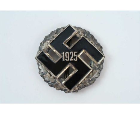 A reproduction German 1925 Gau Honour style badge, silver with black painted swastika and wreath by R. Wachtler &amp; Lange t