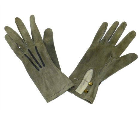 A pair of 1930s grey-green suede gloves by Girault of France, each with green and gilded buttons marked ‘J&amp;RM’ – size 8 ¾