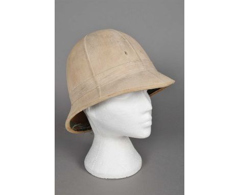 A British white pith helmet, interior with foil label for J. Compton &amp; Sons &amp; Webb LTD, with brown leather sweatband