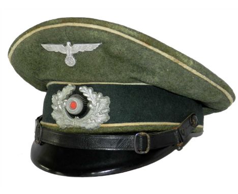 A German Third Reich Army Infantry NCO/EM visor cap, constructed of typical army green wool with a forest green centre band a