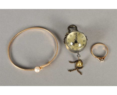 A 9ct gold diamond and cultured pearl bangle, together with an illusion set diamond ring and a quartz fob watch (3)