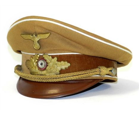 A German Third Reich NSDAP Kreisleiter Political Leader’s level visor cap constructed of standard NSDAP brown uniform cloth w