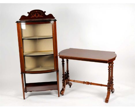 A small collection of antique and later furniture to include a small Edwardian style inlaid bow-fronted bookcase, a Victorian