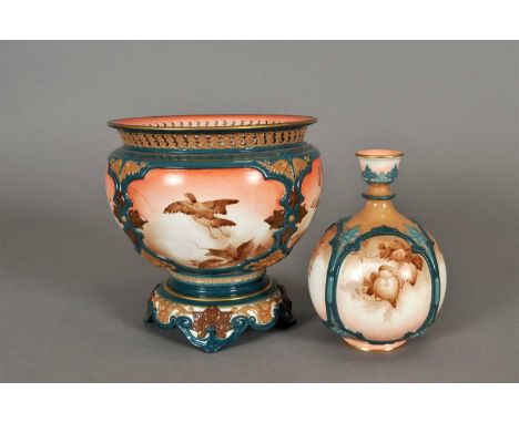 A Royal Worcester Hadley's jardinière on fixed stand circa 1897-1900, the outer body hand painted with bird and floral panels