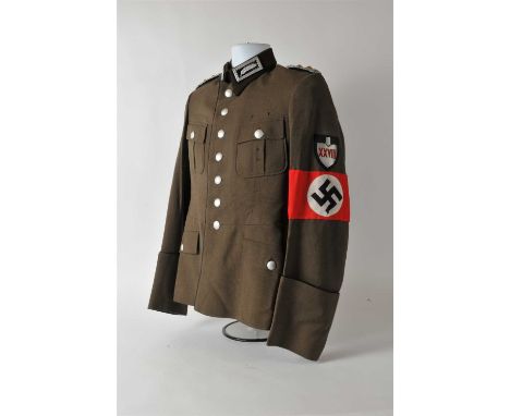 A high-ranking German Third Reich RAD tunic constructed of smooth forest green wool with dark chocolate brown collar flanked 