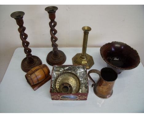 Pair of barley twist candle sticks, selection of glass bottle stoppers, copper tankard, cigarette dispensing barrel, turned w