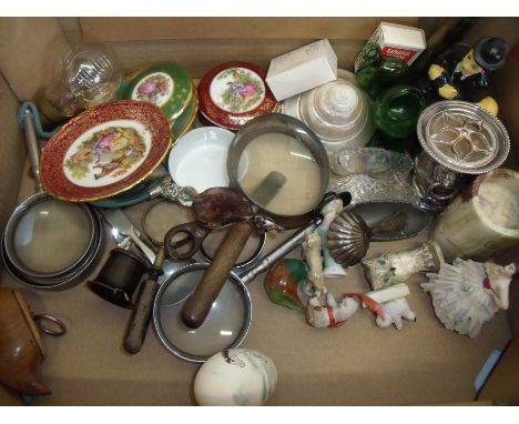 Selection of various decorative items, silver plated shell shaped caddy spoon, Victorian eye baths, magnifying glasses etc (1