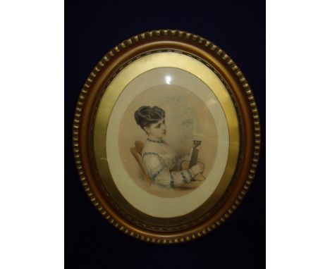 Gilt framed oval and mounted coloured portrait engraving by Gerry Barrett depicting lady with guitar (60cm x 50cm including f