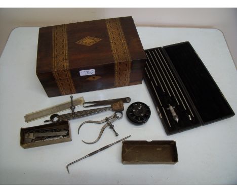 Late Victorian rosewood and Tunbridge ware inlaid box with hinged top revealing a selection of engineering type tools includi