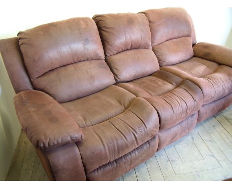 Harveys three seat faux brown leather reclining sofa (width 225cm)