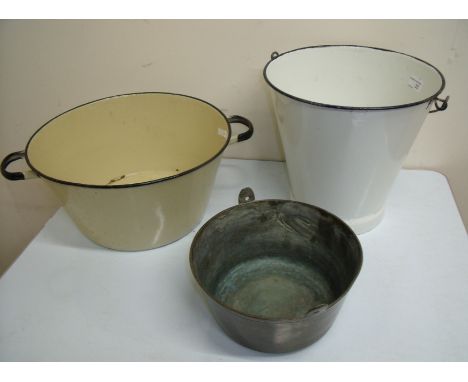 Large enamel bucket and twin handled pan and a small copper pan (3)
