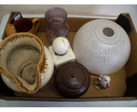 Large Victorian loop handled jug, a 19th C Slip ware twin handled tankard, a frosted glass oil lamp shade depicting fairies, 