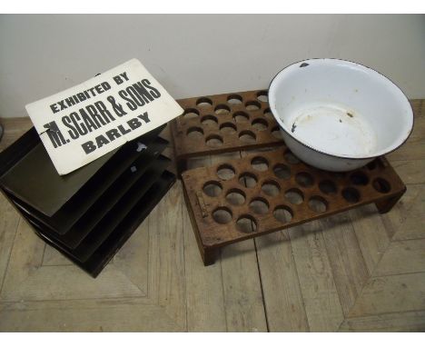 Large enamel bowl, two vintage style storage racks a vintage office paper rack and an exhibition board (5)