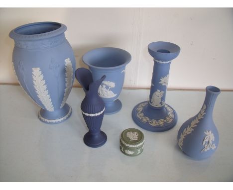 Selection of Wedgwood Jasperware ceramics including bottle necked vase, two other vases, circular base candlestick etc 