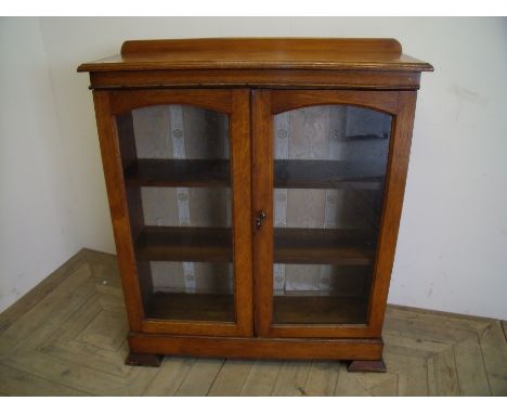 Early 20th C light oak bookcase enclosed by two glazed supboard doors on raised rectangular supports (91cm x 30cm x 108cm)