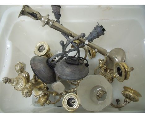 Set of three elaborate gilt metal twin branch wall lights with Cupid mounts and various other light fittings